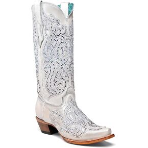 CORRAL LADIE'S WHITE EMBROIDERY & CRYSTALS, LEATHER SOLE, COWHIDE LEATHER, WESTERN BOOTS, C4103