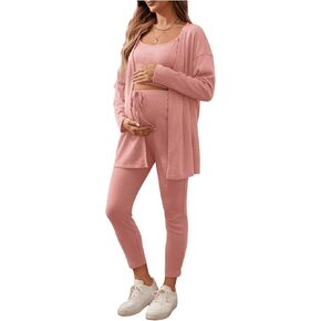 مجموعة ملابس الأمومة MakeMeChic النسائية المكونة من 3 قطع من نسيج الوافل مع سروال ضيق الخصر برباط مع سترات صوفية