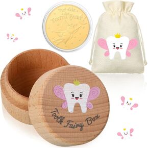 3 Pcs Tooth Fairy Gifts for Girls and Boys Tooth Fairy Box Tooth Fairy Coin Tooth Fairy Unicorn Bag with Gold Foil Reward Coins Wood Baby Keepsake Box for Lost Teeth Kids Birthday Gift (Girls)