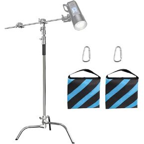 Photography C Stand with Boom Arm: 100% Stainless Steel - Takerers BS11 Heavy Duty Max Height 10.5ft/131inch Light Stands (2 Pack) with 4.2ft/50inch Holding Arm, 2 Grip Head, 2 Sandbag