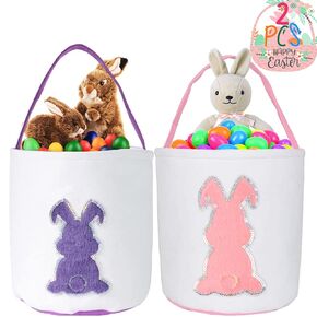 2Pack Easter Bunny Basket Bags for Kids, Canvas Cute Easter Bucket Bags with Glitter Rabbit for Kids Easter Eggs Hunting Party Decoration, Easter Event, Carry Storage Eggs Candy and Gifts.