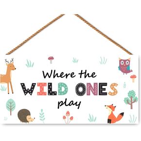 Where the Wild Ones Play Wooden Signs, Wild Animal Theme Playroom Decor for Nursury Room Wall Decor, 11.8x5.9 Inches