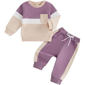 Toddler Baby Boy Fall Clothes Color Block Long Sleeve Sweatshirt Tops Solid Color Pants 2Pcs Winter Warm Outfits