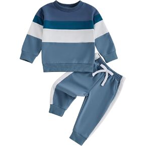 Toddler Baby Boy Fall Clothes Color Block Long Sleeve Sweatshirt Tops Solid Color Pants 2Pcs Winter Warm Outfits