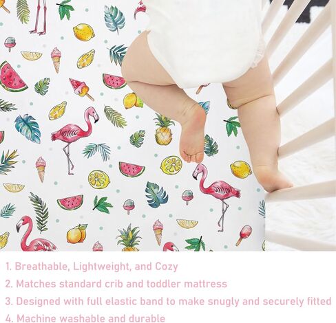 Watercolor Summer Flamingo Baby Crib Sheets 52''x28'' Lemon Pineapple Watermelon Tropical Leaves Snug Fitted Crib Mattress Sheet for Boy Girl Soft Nursery Bed Sheets for Standard Crib Toddler Mattress in Saudi Arabia