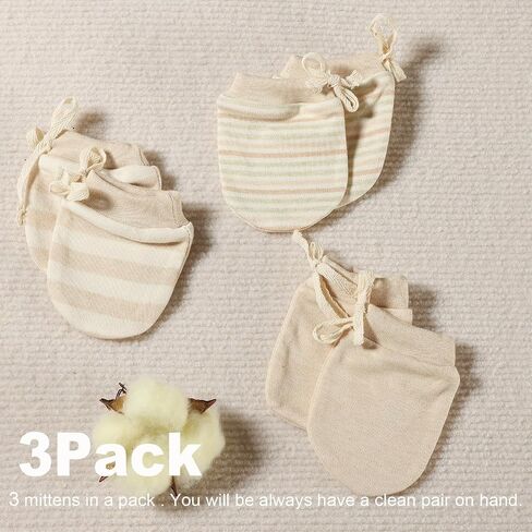 Newborn Mittens No Scratch 100% Organic Cotton 3 Packs Mitts Baby Boy Girl Neutral With String 0-12 months in Saudi Arabia