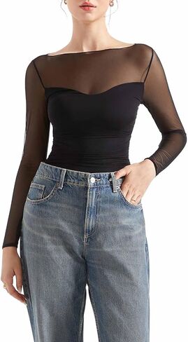 SUUKSESS Women Double Line Mesh Sheer Crop Tank Tops Boat Neck Long Sleeve Shirts in Saudi Arabia