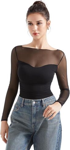 SUUKSESS Women Double Line Mesh Sheer Crop Tank Tops Boat Neck Long Sleeve Shirts in Saudi Arabia