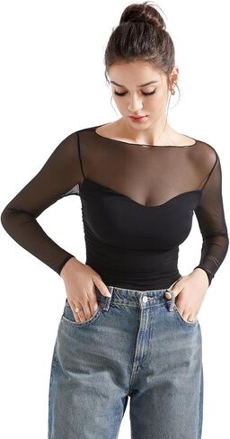 SUUKSESS Women Double Line Mesh Sheer Crop Tank Tops Boat Neck Long Sleeve Shirts in Saudi Arabia