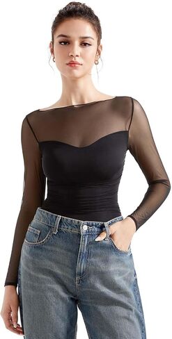 SUUKSESS Women Double Line Mesh Sheer Crop Tank Tops Boat Neck Long Sleeve Shirts in Saudi Arabia