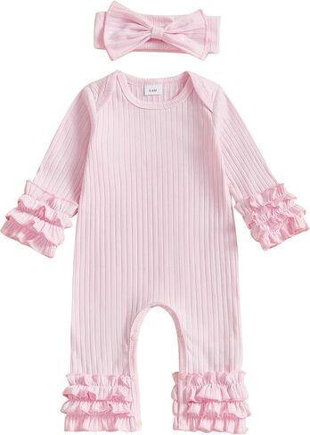 Winioder Newborn Baby Girl Clothes Ribbed Long Sleeve Ruffle Romper Jumpsuit with Headband My First Valentines Day Outfit in Kuwait