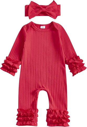 Winioder Newborn Baby Girl Clothes Ribbed Long Sleeve Ruffle Romper Jumpsuit with Headband My First Valentines Day Outfit in Kuwait