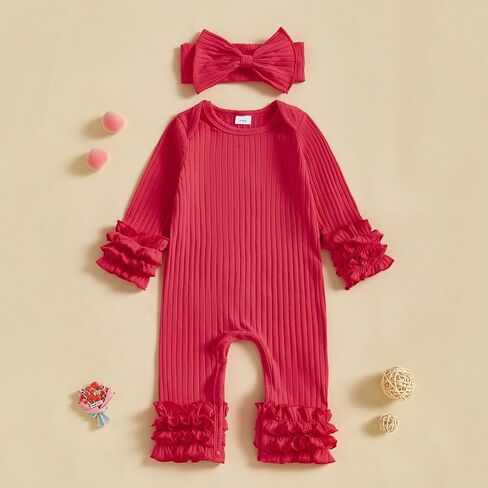 Winioder Newborn Baby Girl Clothes Ribbed Long Sleeve Ruffle Romper Jumpsuit with Headband My First Valentines Day Outfit in Kuwait