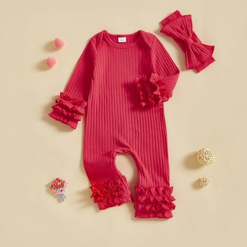 Winioder Newborn Baby Girl Clothes Ribbed Long Sleeve Ruffle Romper Jumpsuit with Headband My First Valentines Day Outfit in Kuwait
