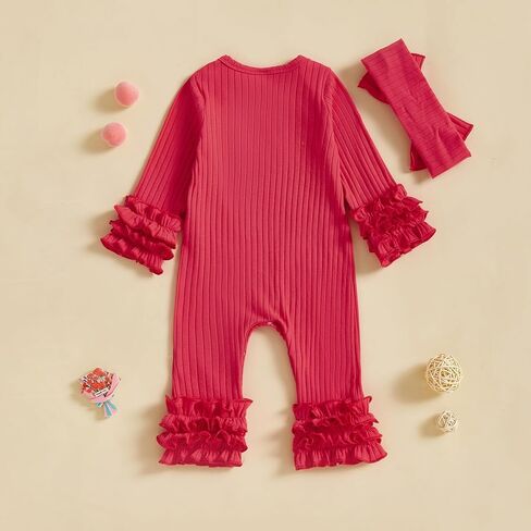 Winioder Newborn Baby Girl Clothes Ribbed Long Sleeve Ruffle Romper Jumpsuit with Headband My First Valentines Day Outfit in Kuwait