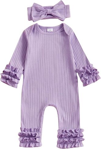 Winioder Newborn Baby Girl Clothes Ribbed Long Sleeve Ruffle Romper Jumpsuit with Headband My First Valentines Day Outfit in Kuwait