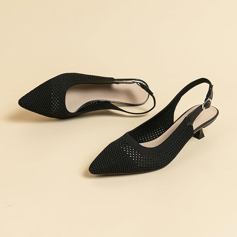 حذاء نسائي بمقدمة مدببة من Youngshow، كعب مريح من الخلف مع دعم للقوس، كعب قطط لطيف مع حزام للكاحل للنساء، مكتب المشي، أسود in Kuwait