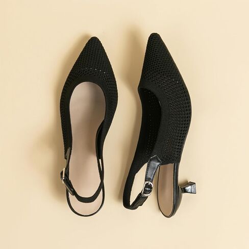 حذاء نسائي بمقدمة مدببة من Youngshow، كعب مريح من الخلف مع دعم للقوس، كعب قطط لطيف مع حزام للكاحل للنساء، مكتب المشي، أسود in Kuwait