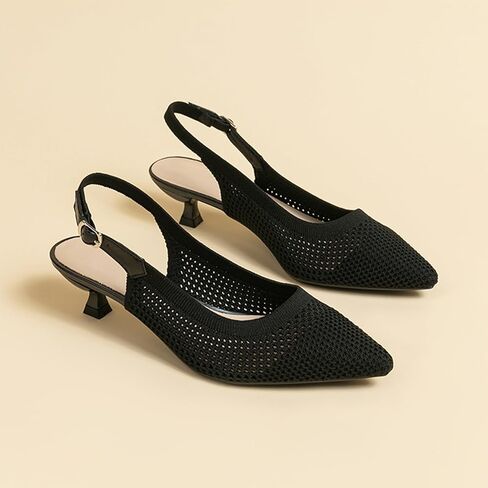 حذاء نسائي بمقدمة مدببة من Youngshow، كعب مريح من الخلف مع دعم للقوس، كعب قطط لطيف مع حزام للكاحل للنساء، مكتب المشي، أسود in Kuwait