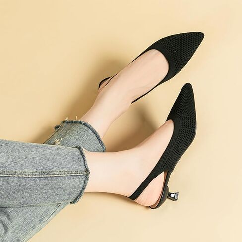 حذاء نسائي بمقدمة مدببة من Youngshow، كعب مريح من الخلف مع دعم للقوس، كعب قطط لطيف مع حزام للكاحل للنساء، مكتب المشي، أسود in Kuwait