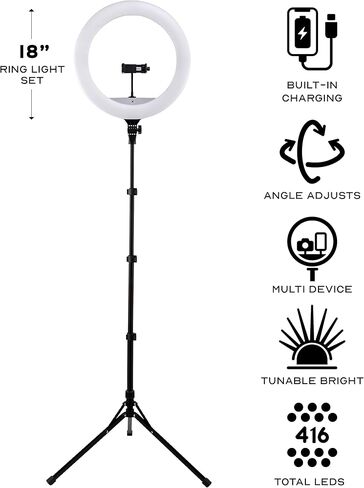 حلقة إضاءة LED من Vivitar مع حامل، حلقة إضاءة سطوع قابلة للتعديل مقاس 18 بوصة مع حامل للكمبيوتر اللوحي وجهاز تحكم عن بعد لاسلكي، إضاءة محمولة لاستوديو الصور والمكياج والبث والتصوير الفوتوغرافي in Kuwait