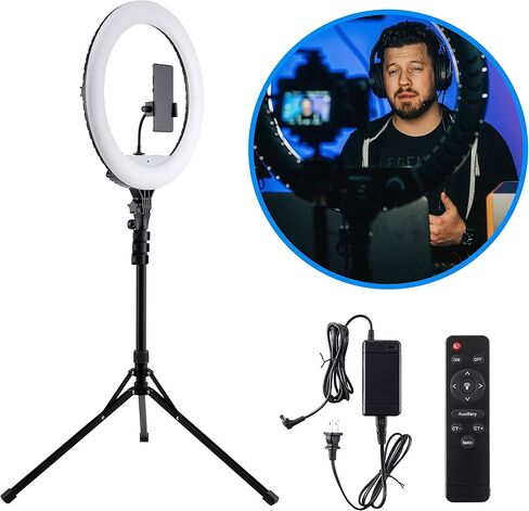 حلقة إضاءة LED من Vivitar مع حامل، حلقة إضاءة سطوع قابلة للتعديل مقاس 18 بوصة مع حامل للكمبيوتر اللوحي وجهاز تحكم عن بعد لاسلكي، إضاءة محمولة لاستوديو الصور والمكياج والبث والتصوير الفوتوغرافي in Kuwait