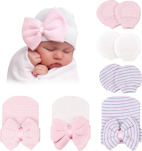 DRESHOW BQUBO Newborn Hospital Hat and Mittens Infant Baby Beanie Soft Cotton Cute Knot Nursery Cap for 0-3 Months Girls Boys in Kuwait