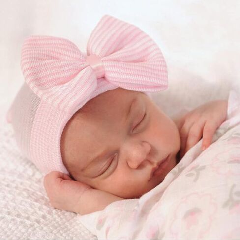 DRESHOW BQUBO Newborn Hospital Hat and Mittens Infant Baby Beanie Soft Cotton Cute Knot Nursery Cap for 0-3 Months Girls Boys in Kuwait