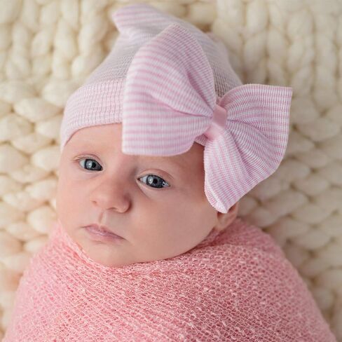 DRESHOW BQUBO Newborn Hospital Hat and Mittens Infant Baby Beanie Soft Cotton Cute Knot Nursery Cap for 0-3 Months Girls Boys in Kuwait
