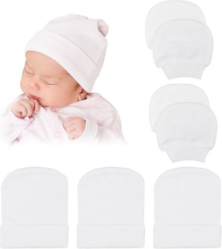DRESHOW BQUBO Newborn Hospital Hat and Mittens Infant Baby Beanie Soft Cotton Cute Knot Nursery Cap for 0-3 Months Girls Boys in Kuwait