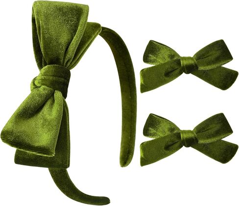 DEEKA Green Velvet Bow Headband & 2 Pcs Velvet Hair Bows Set Velvet Uniform Hair Accessories Hair Band for Little Toddler School Girls -Green in Saudi Arabia