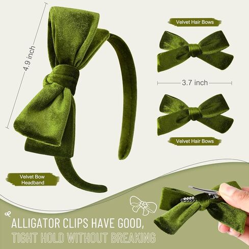 DEEKA Green Velvet Bow Headband & 2 Pcs Velvet Hair Bows Set Velvet Uniform Hair Accessories Hair Band for Little Toddler School Girls -Green in Saudi Arabia