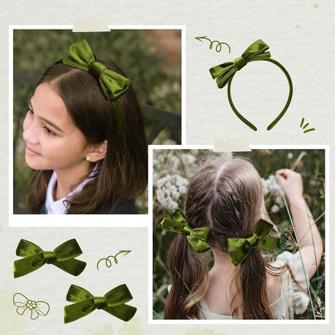 DEEKA Green Velvet Bow Headband & 2 Pcs Velvet Hair Bows Set Velvet Uniform Hair Accessories Hair Band for Little Toddler School Girls -Green in Saudi Arabia
