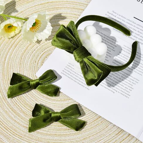DEEKA Green Velvet Bow Headband & 2 Pcs Velvet Hair Bows Set Velvet Uniform Hair Accessories Hair Band for Little Toddler School Girls -Green in Saudi Arabia