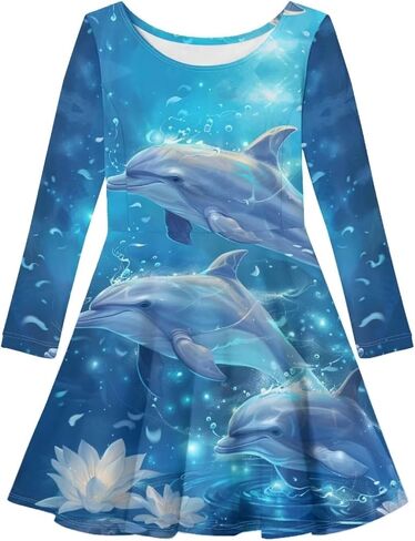 Fisoutleap Dress for Girls 3-16 Classic Round Neck Blue Pleat Dresses for Little Girls Playwear in Saudi Arabia