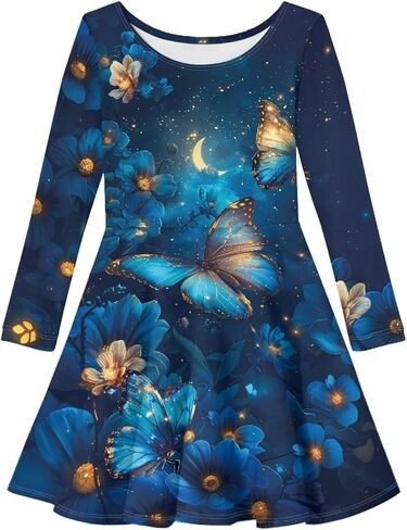 Fisoutleap Dress for Girls 3-16 Classic Round Neck Blue Pleat Dresses for Little Girls Playwear in Saudi Arabia