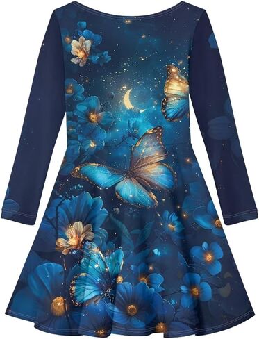 Fisoutleap Dress for Girls 3-16 Classic Round Neck Blue Pleat Dresses for Little Girls Playwear in Saudi Arabia