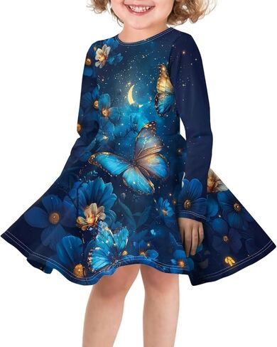 Fisoutleap Dress for Girls 3-16 Classic Round Neck Blue Pleat Dresses for Little Girls Playwear in Saudi Arabia