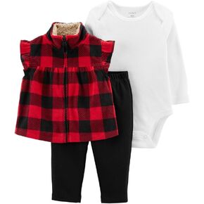 Carter's Baby Girls' 3 Piece Vest Little Jacket Set (Plaid/Red/Black, 24 Months)