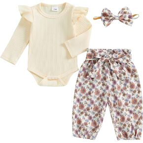 Karwuiio Newborn Infant Baby Girl Clothes Long Sleeve Ruffle Romper Top Pants Set Toddler Baby Girl Outfits Headband