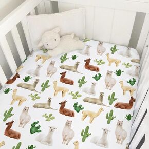 Funny Llama Cactus Leaves Rainbow Baby Crib Sheets 52''x28'' Cute Llama Fitted Crib Mattress Cover for Boy Girl Desert Animal Nursery Baby Bed Sheet Fits Standard Crib and Toddler Mattresses