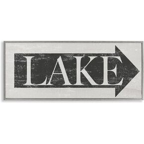Stupell Industries Lake Arrow Sign Grey and White Distressed, Design by Daphne Polselli Gray Framed Wall Art, 10x24
