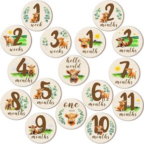 16 Pieces Wooden Baby Monthly Milestone Cards Baby Monthly Milestone Marker Discs Double Sided Monthly Milestone Wooden Circles Baby Months Signs for Baby Shower Newborn Photo Props (Highland Cow)