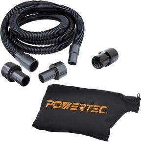POWERTEC 70458 10 Ft. Dust Collection Hose Kit with 5 Fittings for Woodworking Power Tools and Wet/Dry Shop Vacuums, and Miter Saw Dust Collector Bag Fits Nominal 1-1/2" Dust Ports