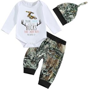 Chloefairy Newborn Baby Boy Hunting Clothes Deer Mallard Duck Romper Bodysuit and Jungle Camo Pants Set Outfit with Hat