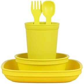 Re-Play Made in USA Toddler Dinnerware Set - 10 oz. Open Cup, 7" Flat Plate, 12 Oz. Bowl, Rounded Tip Fork and Deep Scoop Spoon - Dishwasher/Microwave Safe Plastic Dinnerware Set - Yellow