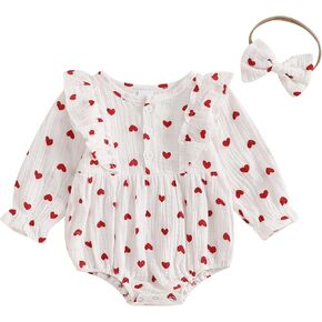Lamuusaa Newborn Baby Girl Clothes Cotton Linen Heart Romper Smocked Bodysuit Shirts Headband Valentines Day Outfit