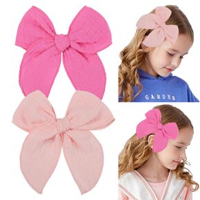 Hot Pink Hair Bows for Girls,Handmade Linen Cotton Hair Clip for Girls Pink Hair Clips Alligator Clips Kids Hair Accessories,5.5 Inch