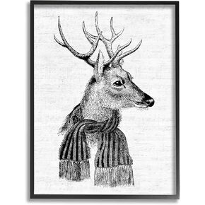 Stupell Industries Reindeer in Scarf Minimal Vintage Portrait, Design by Lettered and Lined Black Framed Wall Art, 11 x 14, Off- White