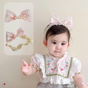 Lace Floral Hair Bow for Baby Girls Stretchy Embroidery Flower Headband Soft Tulle Print flower hairband Birthday Shower Hair Accessories for Newborn Infant Toddler Kids (Ivory A, Elastic)